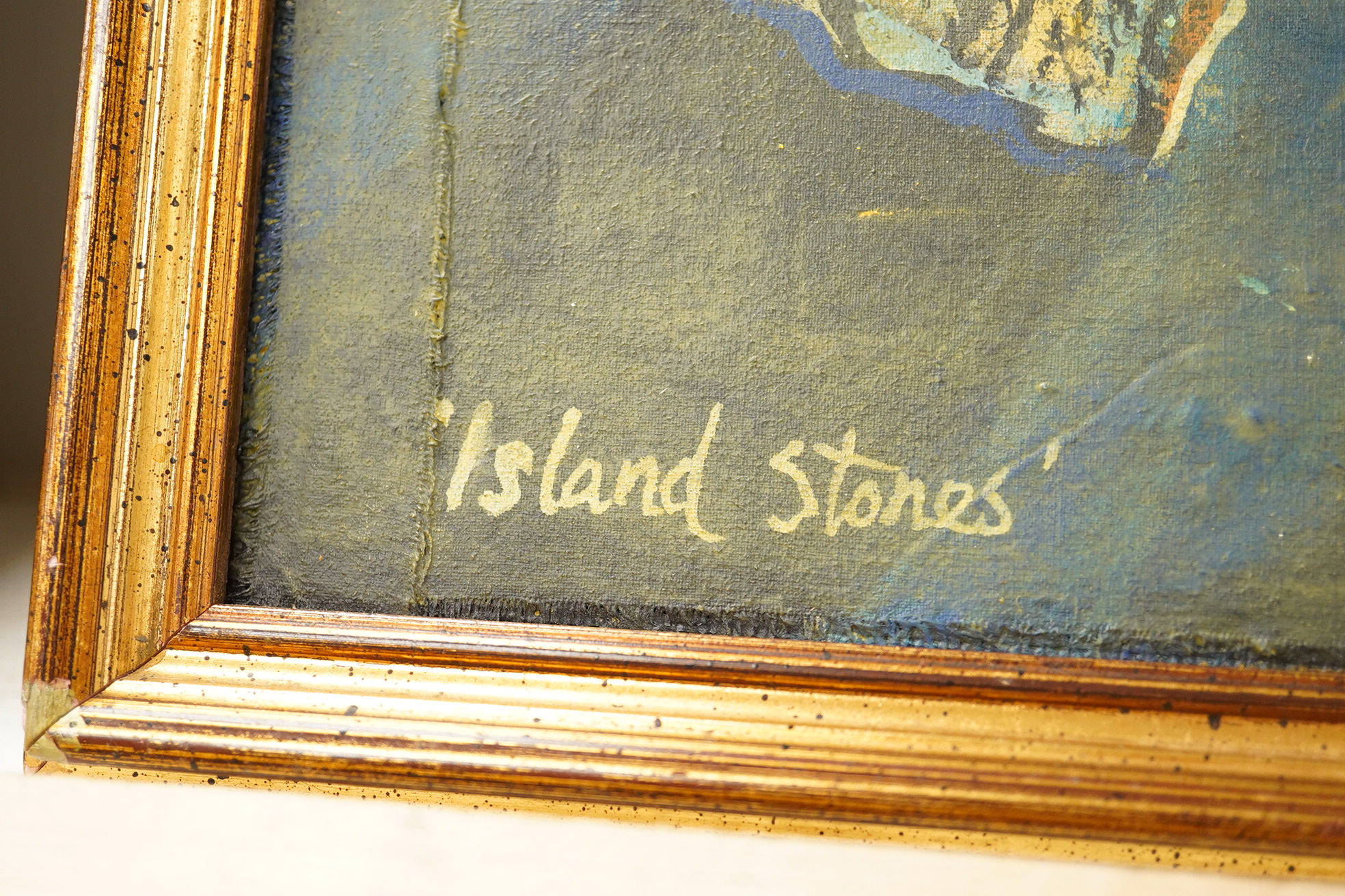 William Black (Cornish, 20th. C), oil on canvas board, 'Island Stones', signed and dated '72, 39 x 50cm. Condition - fair, repair to left hand side of canvas